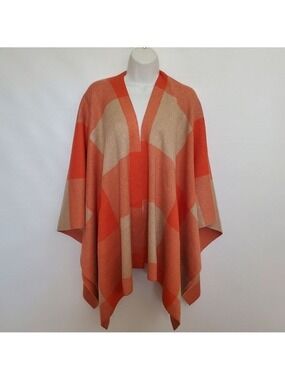 TALBOTS PLAID SHAWL WRAP ORANGE TAN BOHO FALL FESTIVE COZY SOFT WOMENS ( OS )